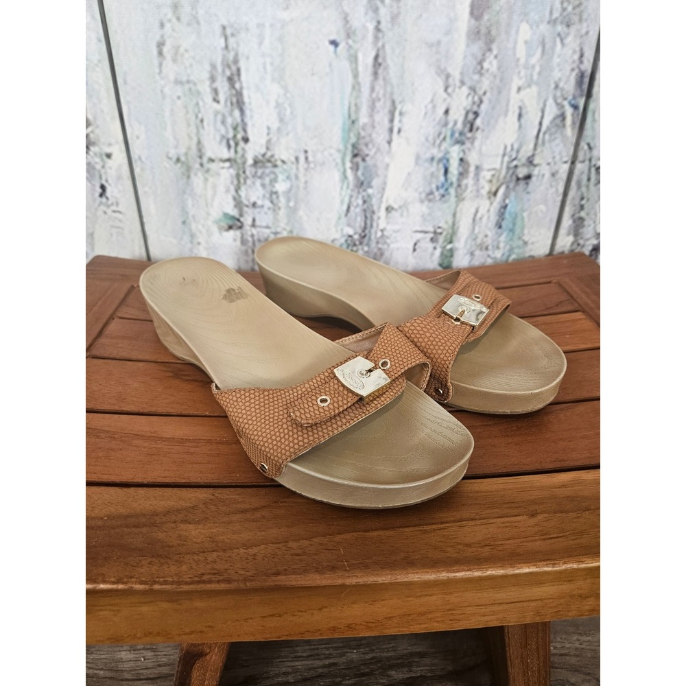Dr Scholl's Classic Tan Snakeskin Embossed Wedge Slide Sandals Womens 8M Silver